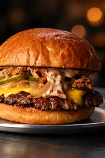 Chisburger de cerca: carne, queso americano, cebolla caramelizada, cebolla krispy, pepinillos y salsa Jelou